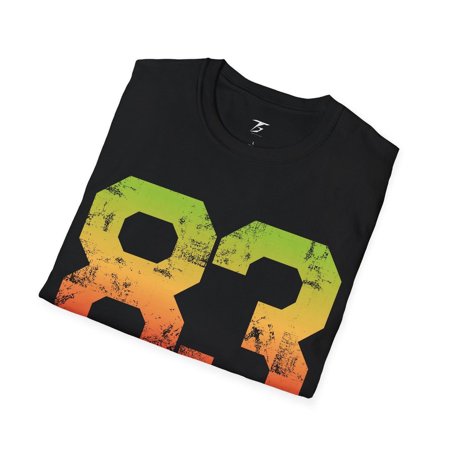 T-Shirt for Men with minimalist 83 design in red-yellow-green gradient.