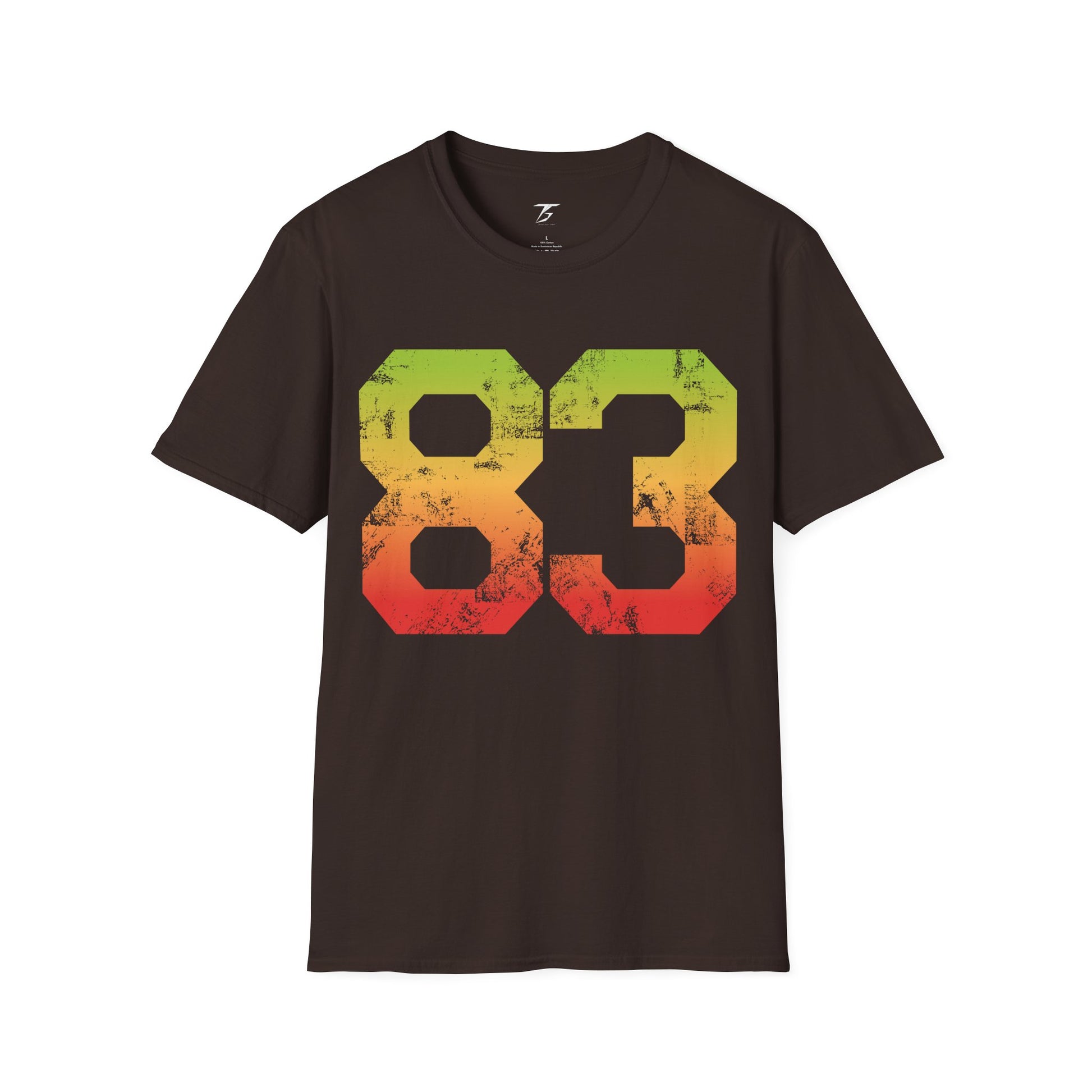 T-Shirt for Men with minimalist 83 design in red-yellow-green gradient.