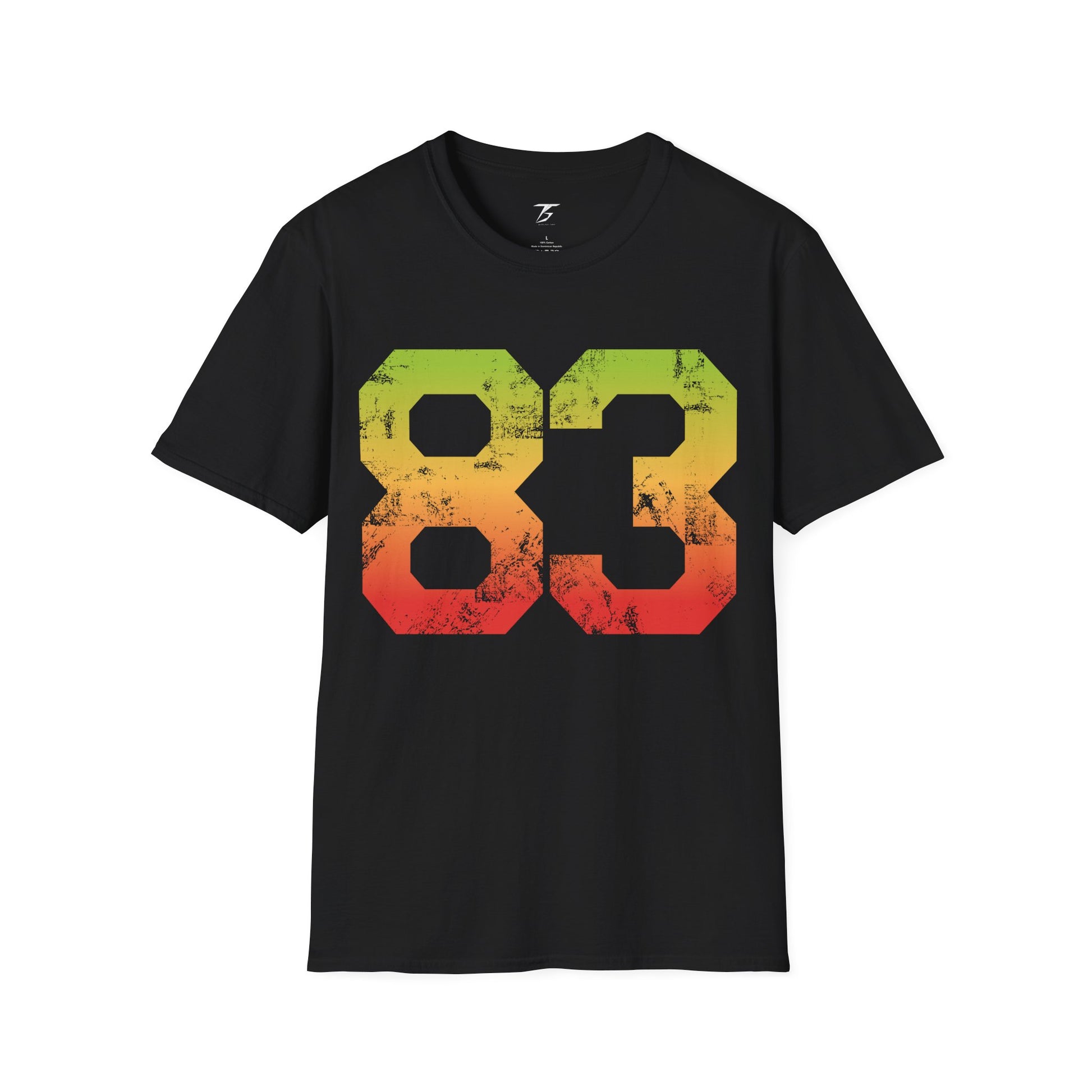 T-Shirt for Men with minimalist 83 design in red-yellow-green gradient.